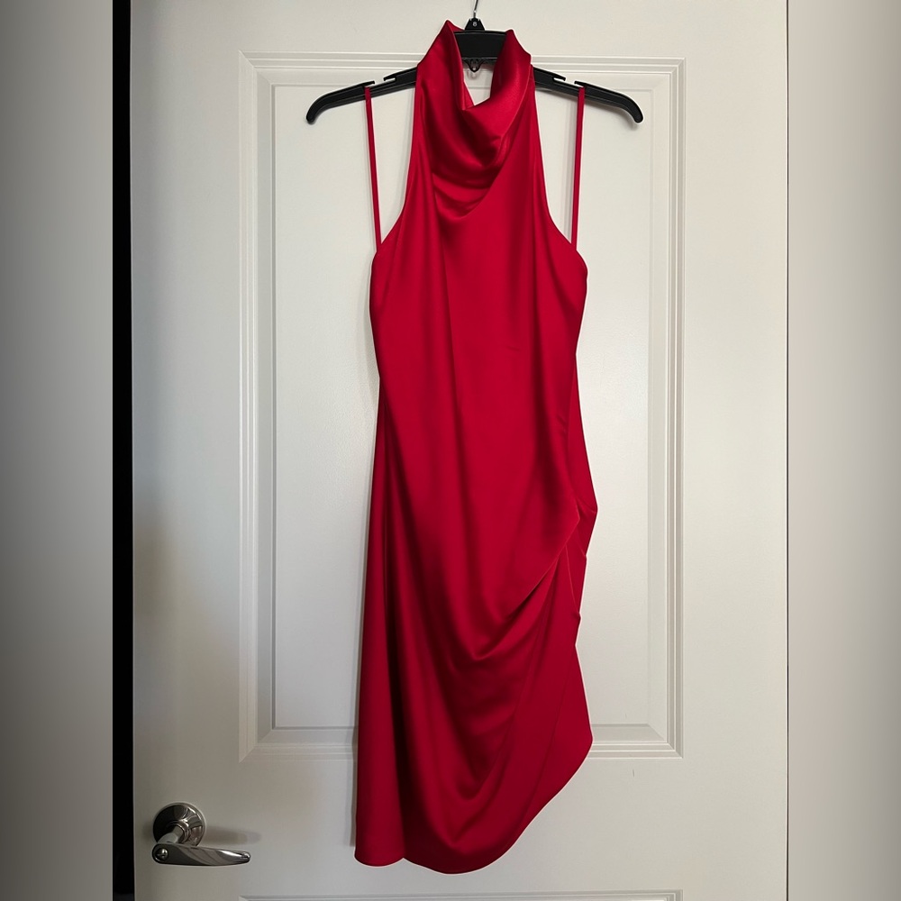 NWT Gianni Bini Peyton Ruched Satin Open Back Detail Asymmetrical Hem Dress - Picture 3 of 7